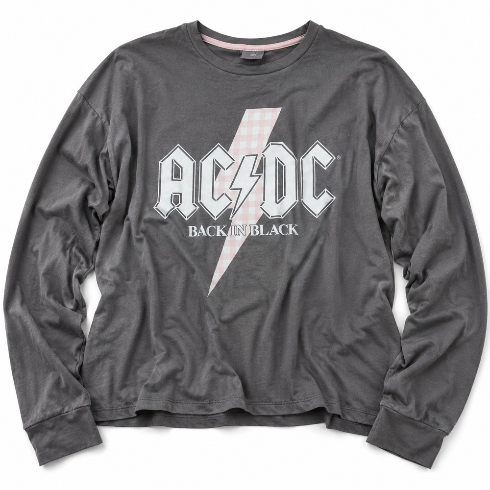 ACDC Back In Black Graphic Long Sleeve Shirt Grey Pink Lightning Bolt Medium